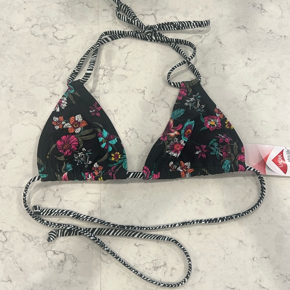 VENUS Black Floral Triangle Bikini Top with Pink, Teal and Orange Accents